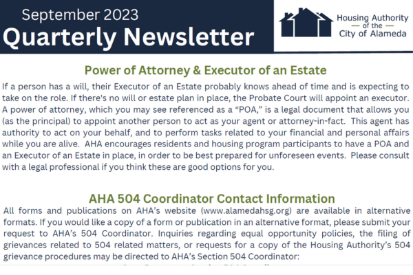 September 2023:  Newsletter for voucher program participants and residents in AHA managed units